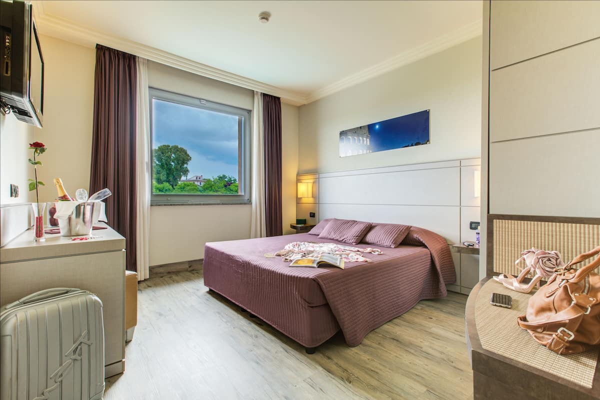 Una habitación de hotel con una cama, un escritorio, una maleta y vistas al exterior.