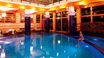 Indoor pool, open 9:00 AM to 6:00 PM, sun loungers