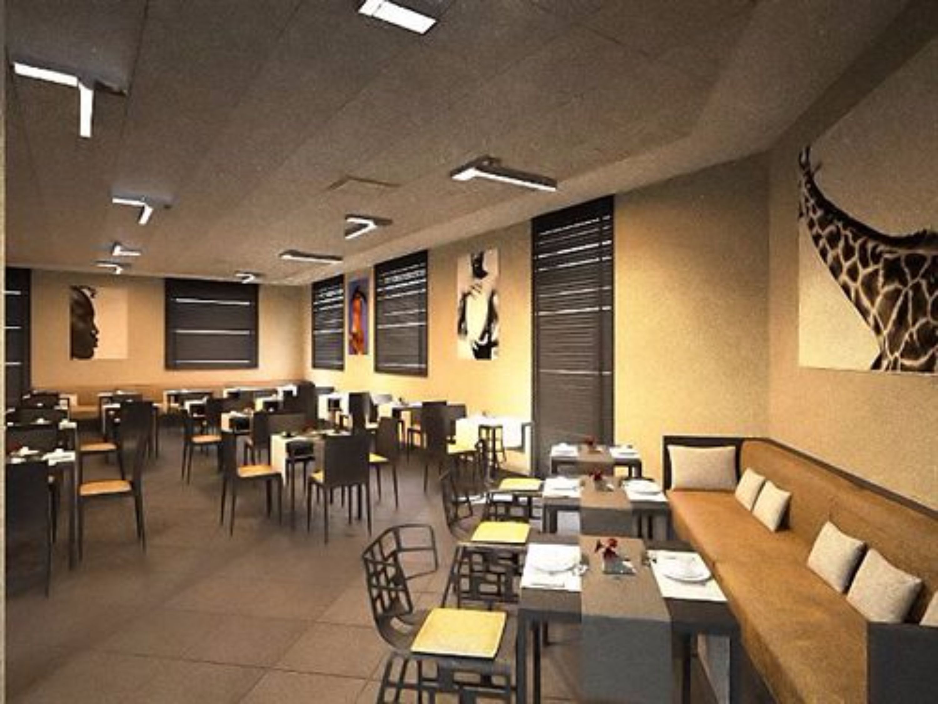A spacious restaurant with multiple dining areas, including a long communal table and several smaller tables.