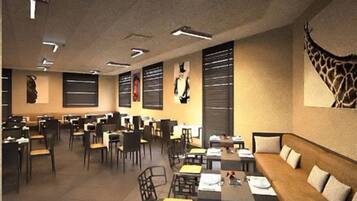 A spacious restaurant with multiple dining areas, including a long communal table and several smaller tables.