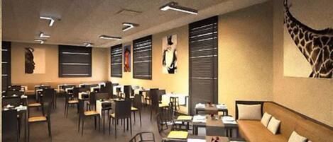 A spacious restaurant with multiple dining areas, including a long communal table and several smaller tables.
