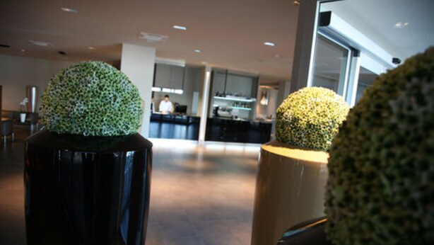 A modern interior with spherical decorative elements on cylindrical bases, a kitchen area in the background, and a spacious layout.