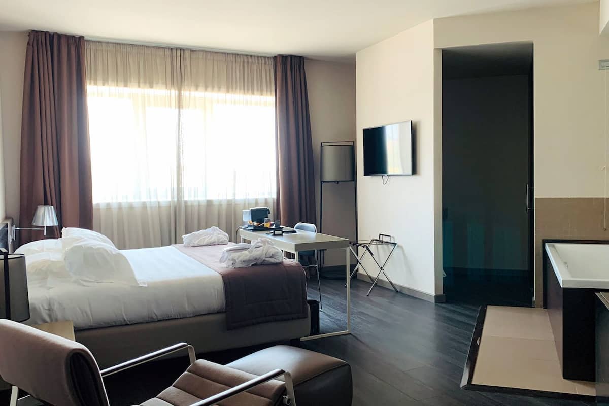 A hotel room with a bed, a desk, a chair, a TV, and a bathroom.