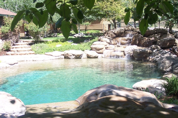 Seasonal outdoor pool, open 9:00 AM to 10:00 PM, pool loungers