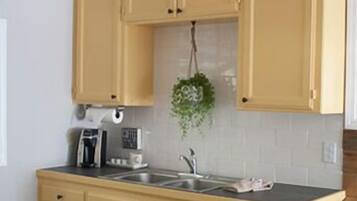 A compact kitchen with light yellow cabinets, a black countertop, and a hanging plant.