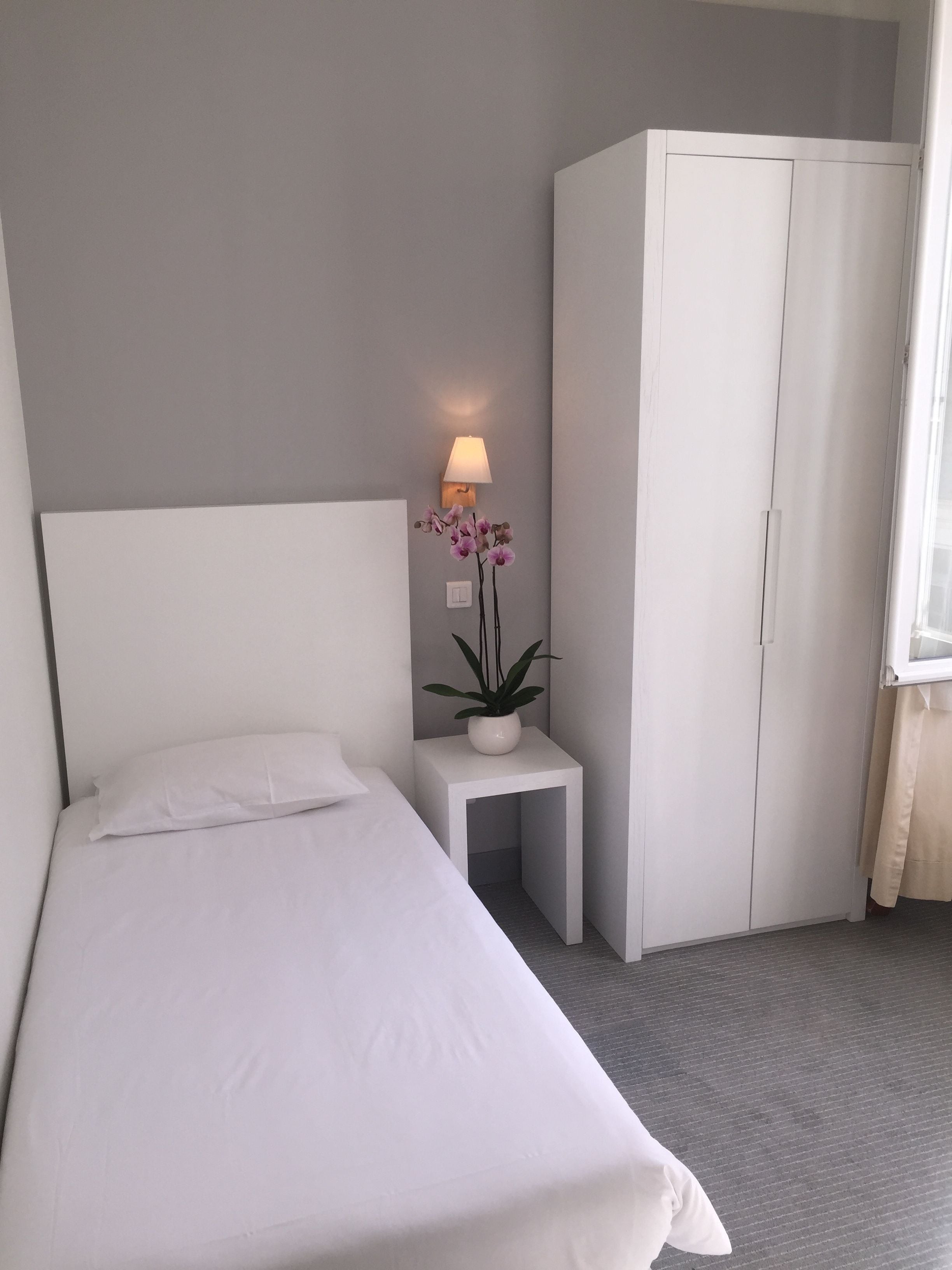 A hotel room with a single bed, a bedside table with a lamp and a potted plant, a wardrobe, and a window with curtains.