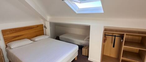 A compact room with a skylight, a bed, a wardrobe, and a small seating area.