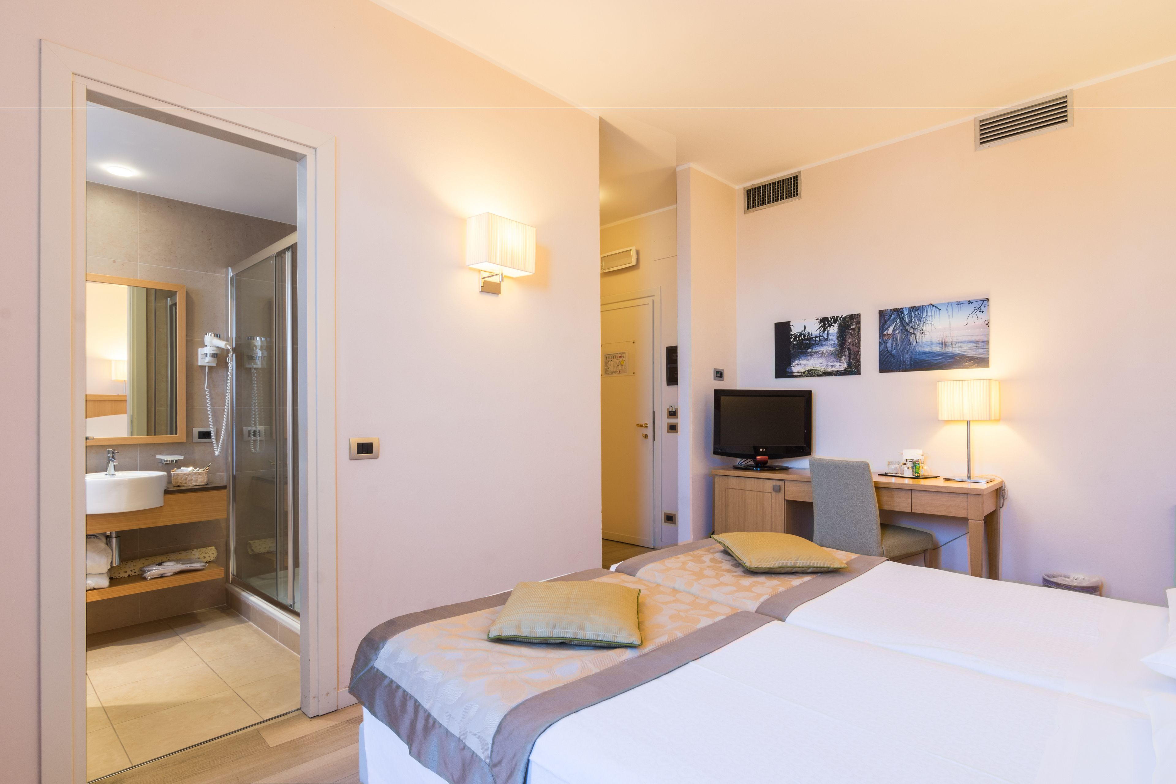 A hotel room with a bed, a desk, a television, a shower, and a bathroom.