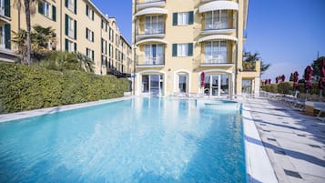 Outdoor pool, pool umbrellas, pool loungers