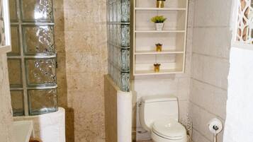 Een badkamer met een douchecabine van glas, een toilet en een plank met toiletartikelen.