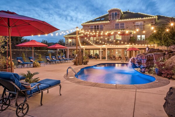 Outdoor pool, pool umbrellas, pool loungers