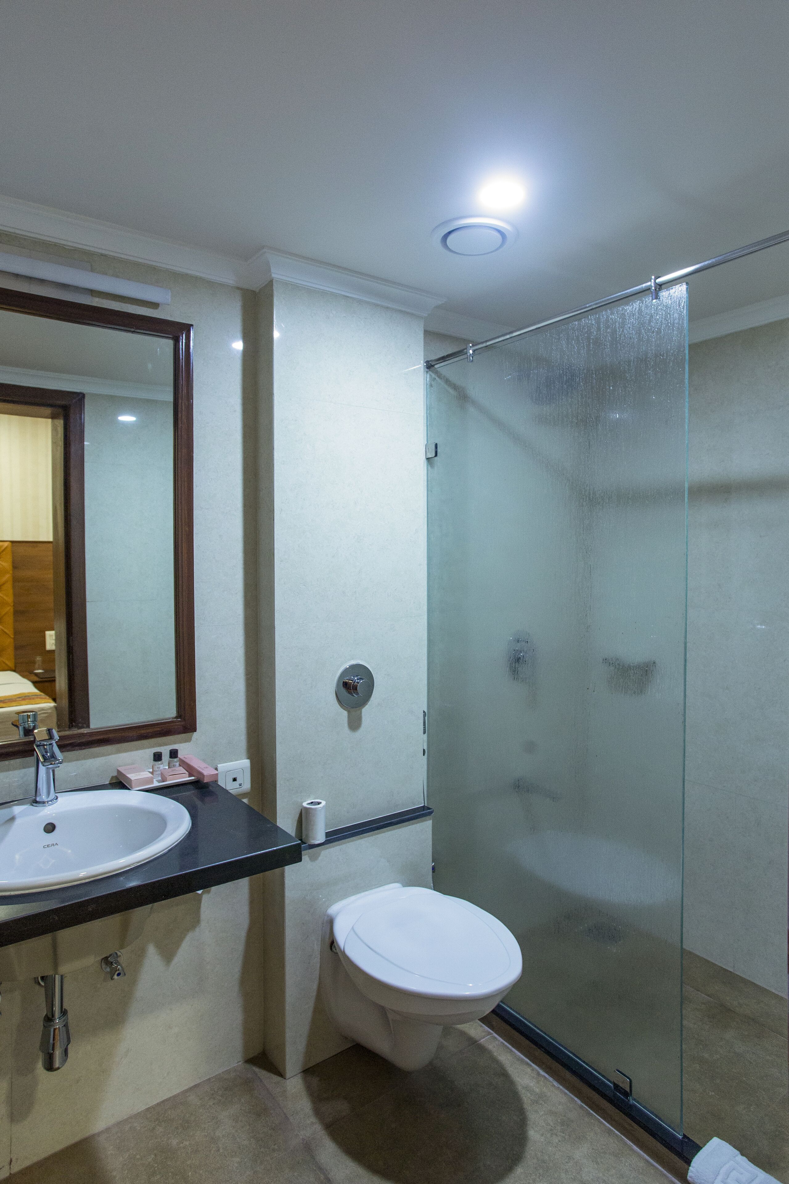 A modern bathroom with a glass shower enclosure, a white toilet, and a sink with a mirror above it.