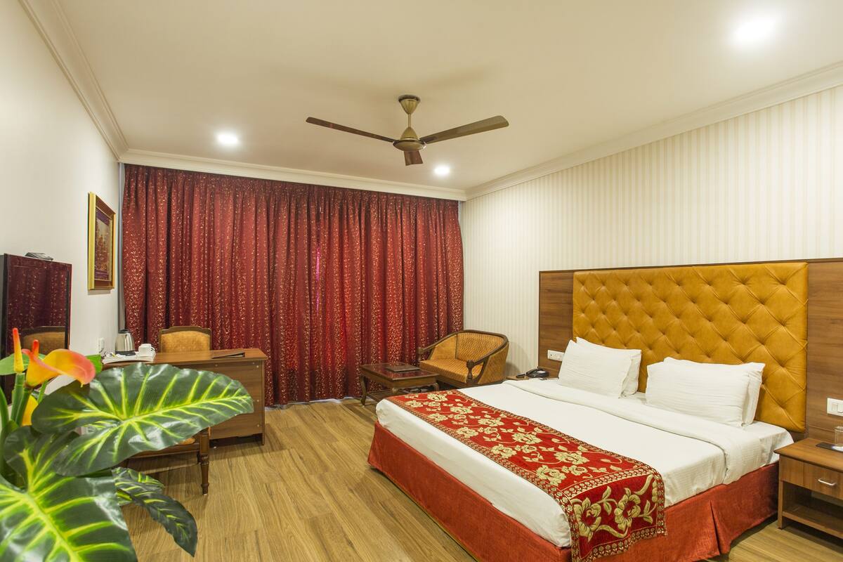 Une chambre d’hôtel avec un lit, un bureau, une chaise, un ventilateur de plafond et une grande plante.