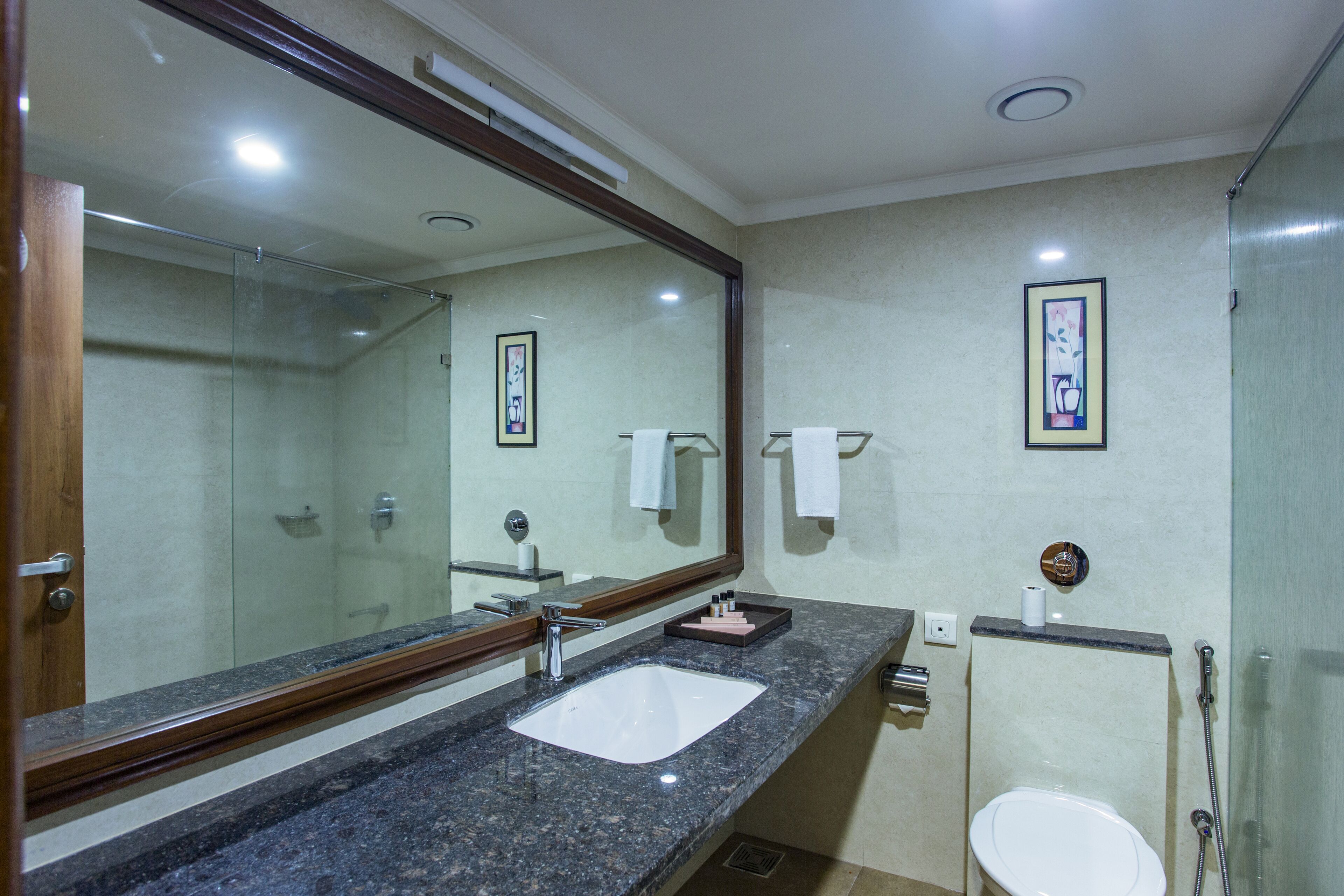 Une salle de bain avec un grand miroir, un lavabo, des toilettes et une douche.