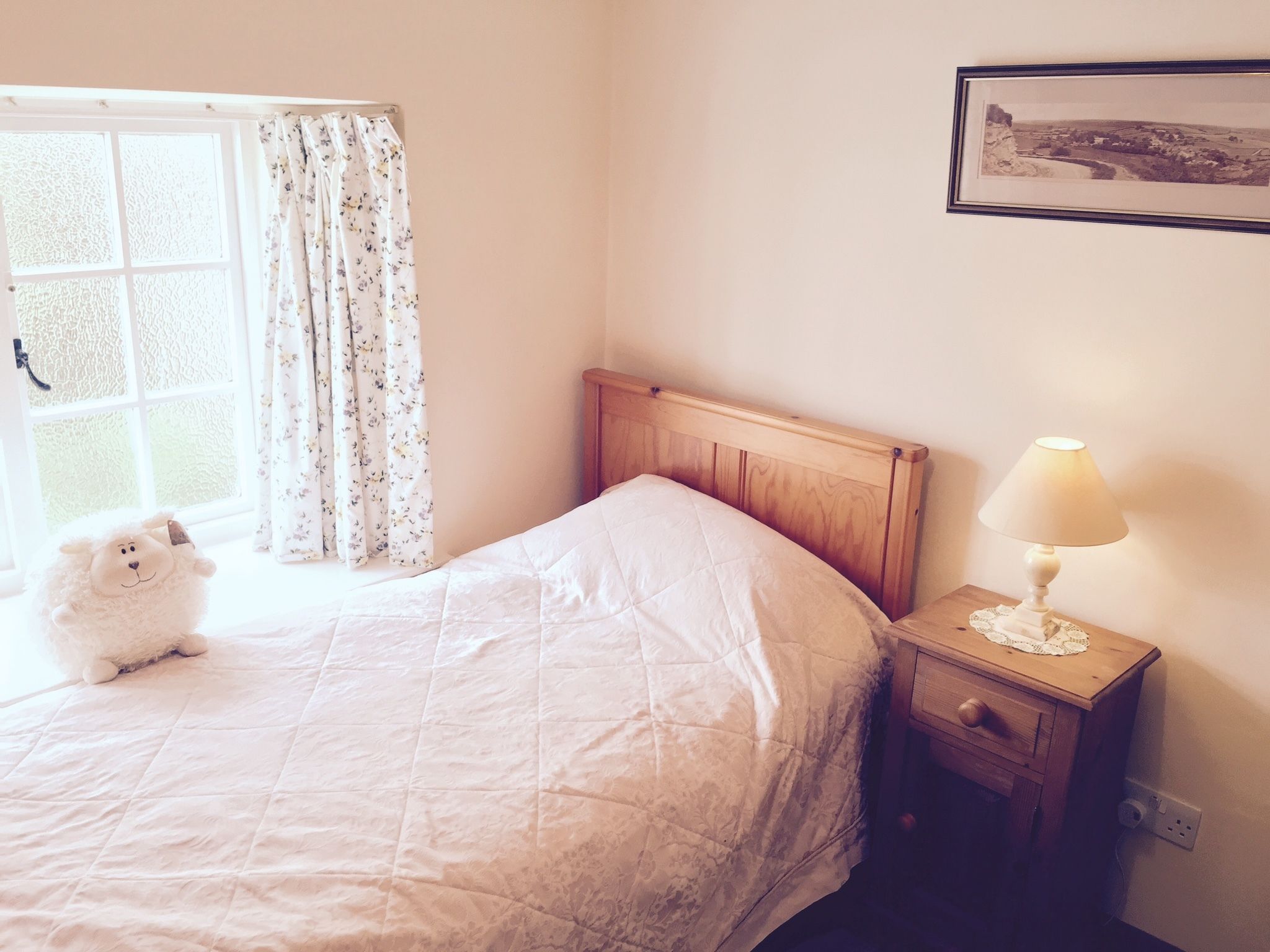 A bedroom with a wooden headboard, a white quilted bedspread, a bedside lamp, a small wooden nightstand, a fluffy white stuffed animal, a window with floral curtains, and a framed picture on the wall.