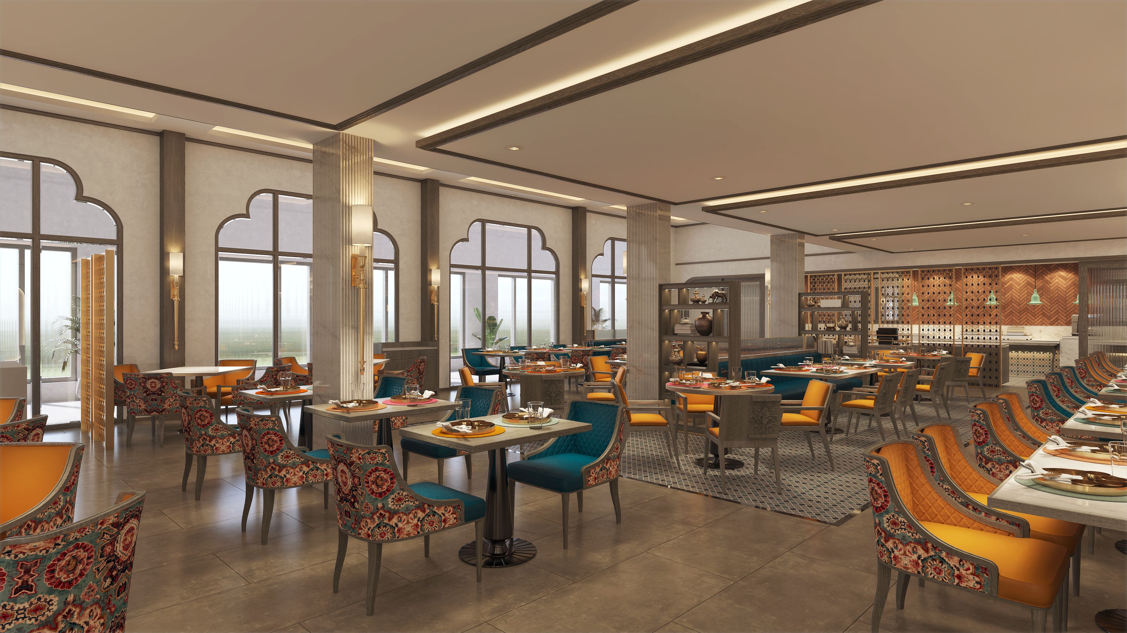 A spacious restaurant with high ceilings, large windows, and a variety of seating arrangements including tables and booths.