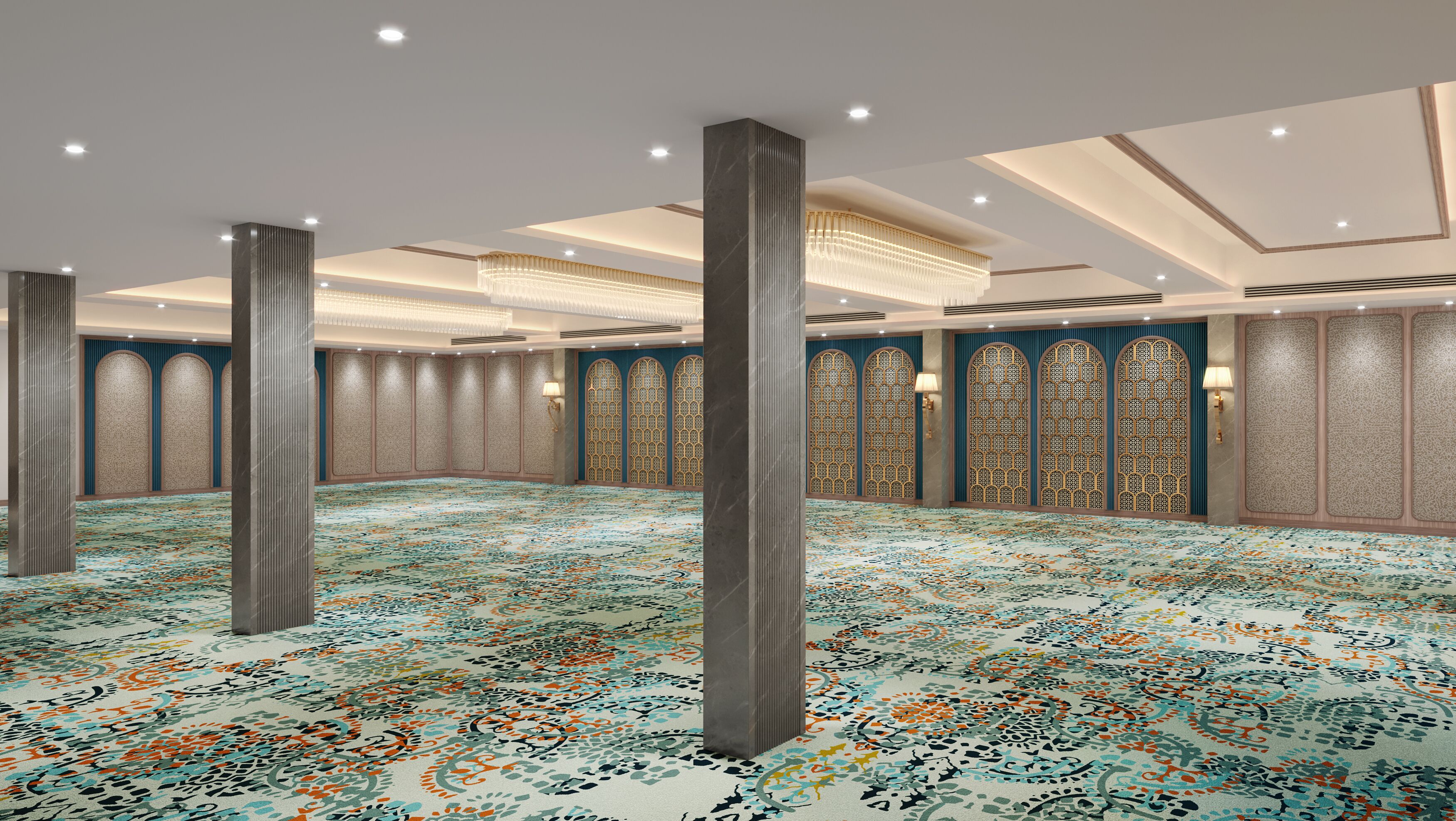 Una amplia sala de conferencias con alfombra estampada, altas columnas y paneles decorativos en la pared.