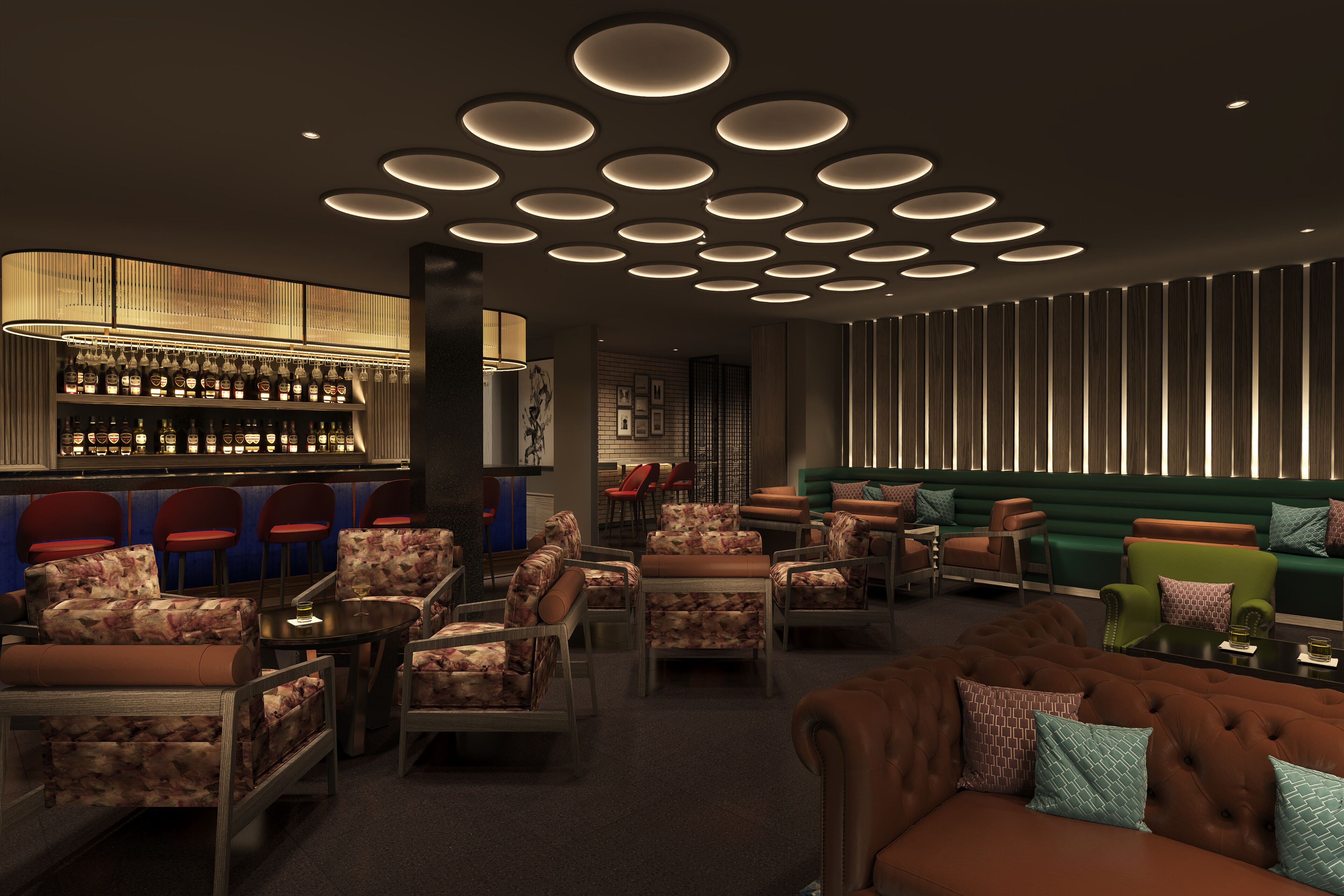 Eine moderne Lounge mit Barbereich, bequemen Sitzgelegenheiten und einem dekorativen Muster an der Decke.