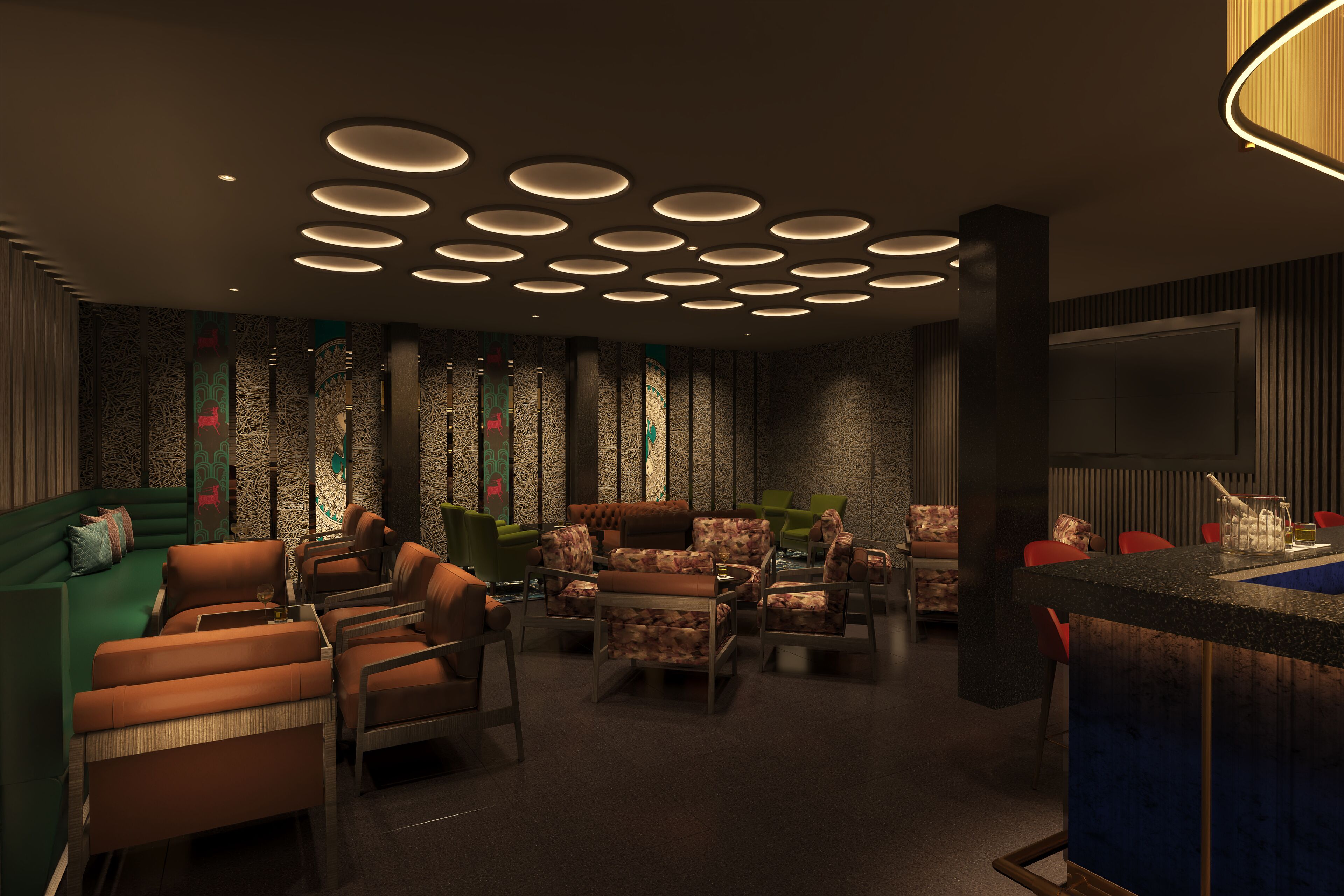 Un espace de détente moderne comprenant un canapé, des fauteuils et un bar.