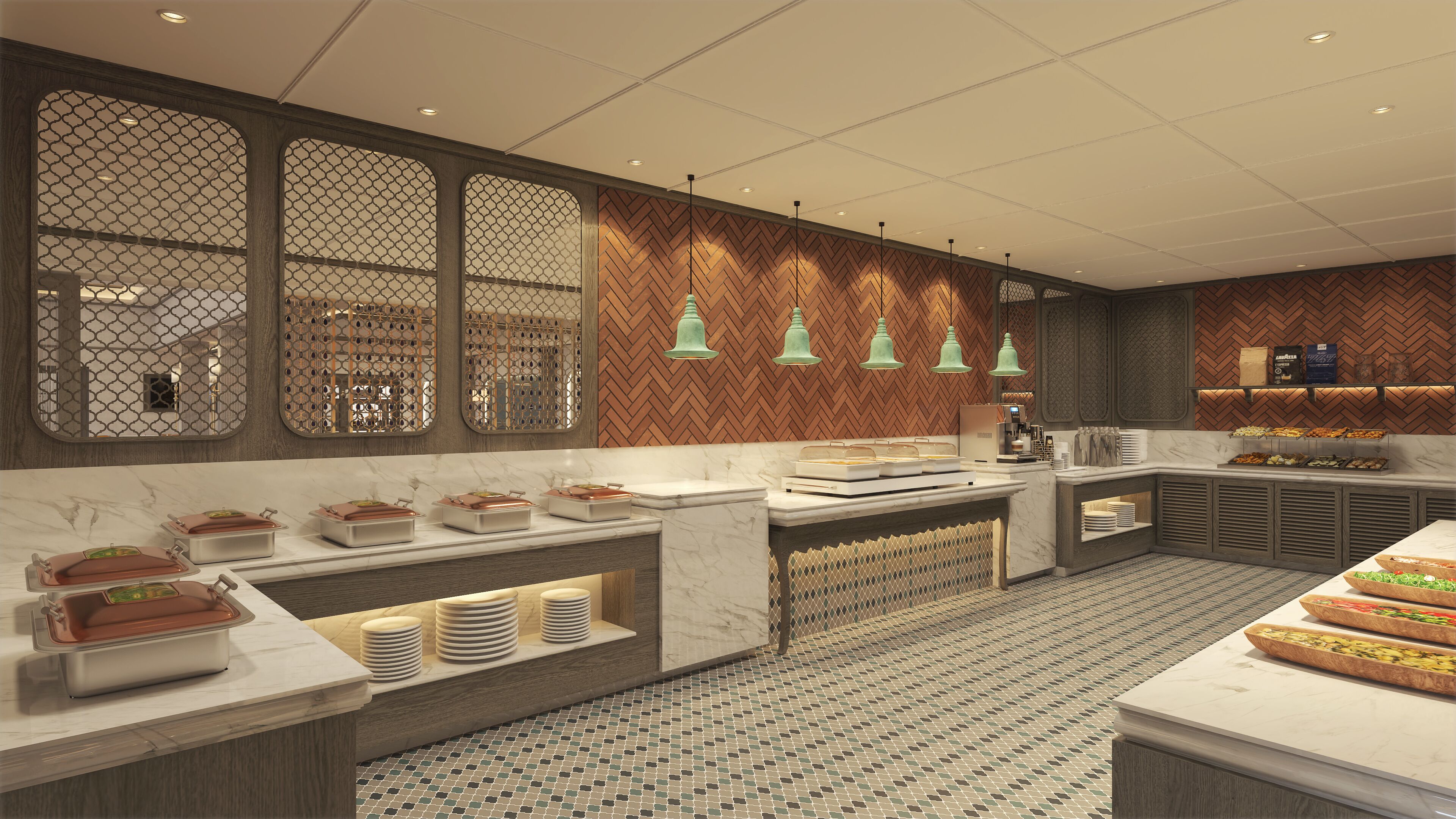 A modern kitchen with a marble countertop, a herringbone wood wall, and a patterned floor.