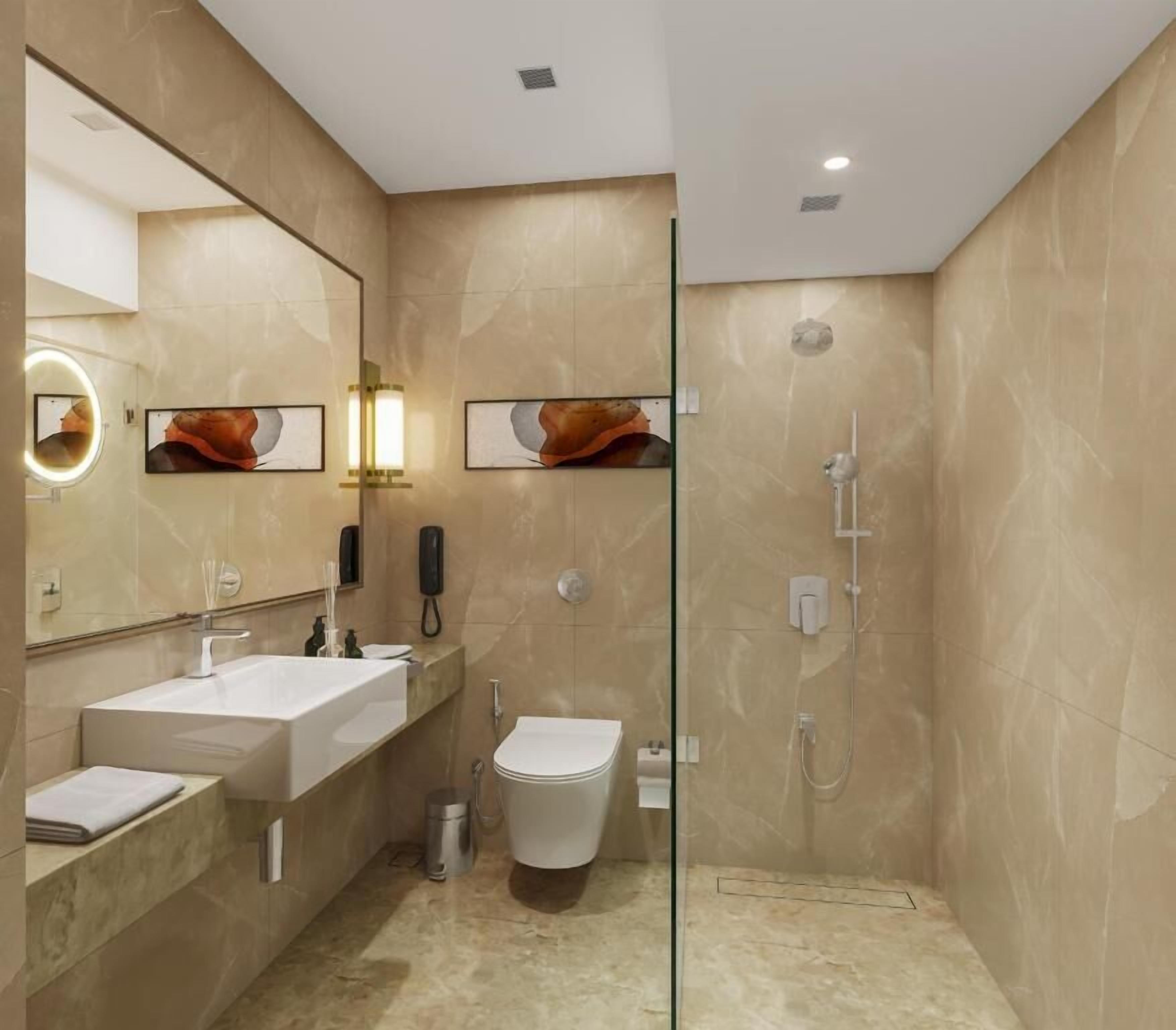 Kamar mandi | Perlengkapan mandi gratis, pengering rambut, jubah mandi, dan sandal
