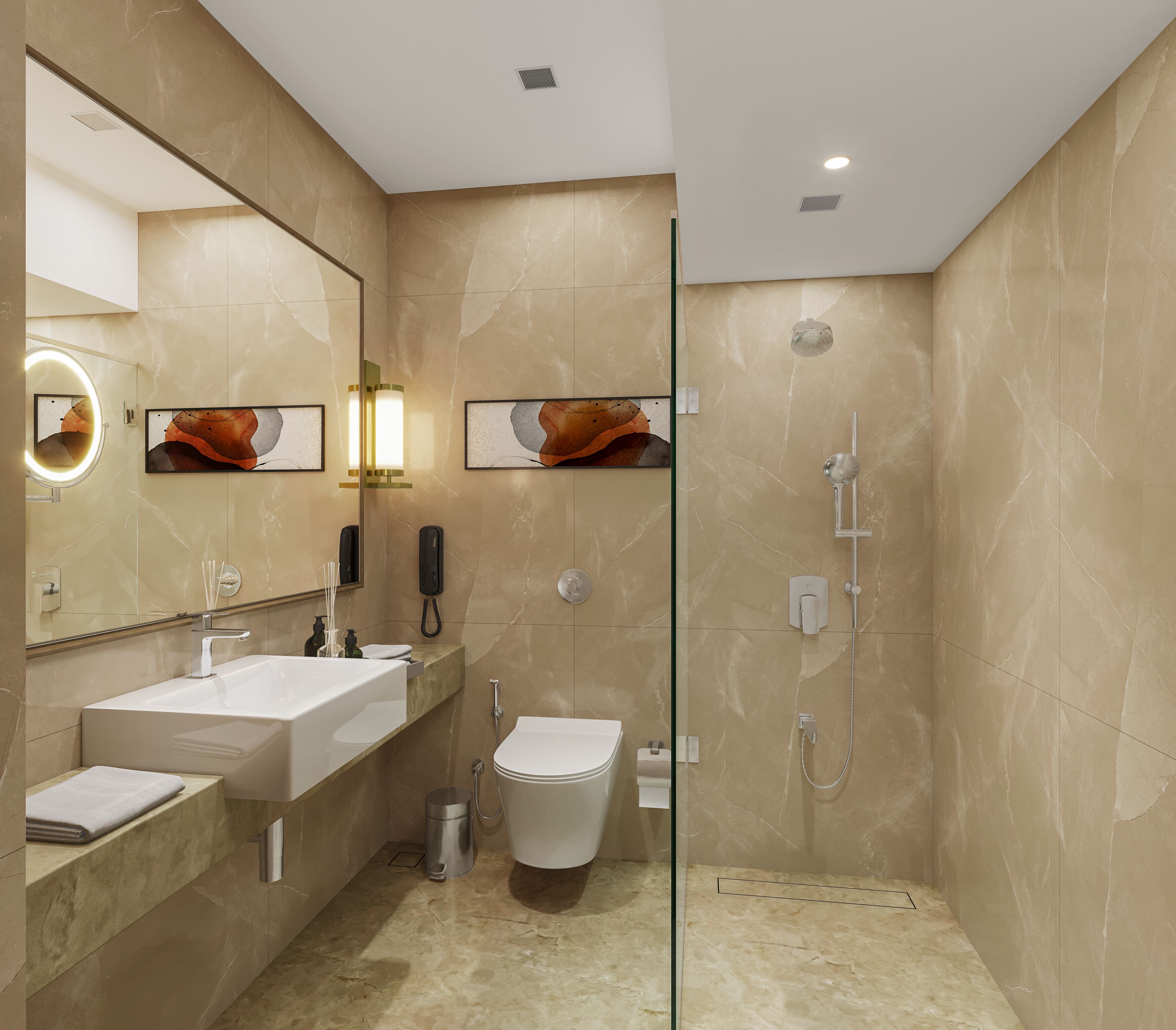 Un bagno moderno con due lavandini, un WC e una doccia.