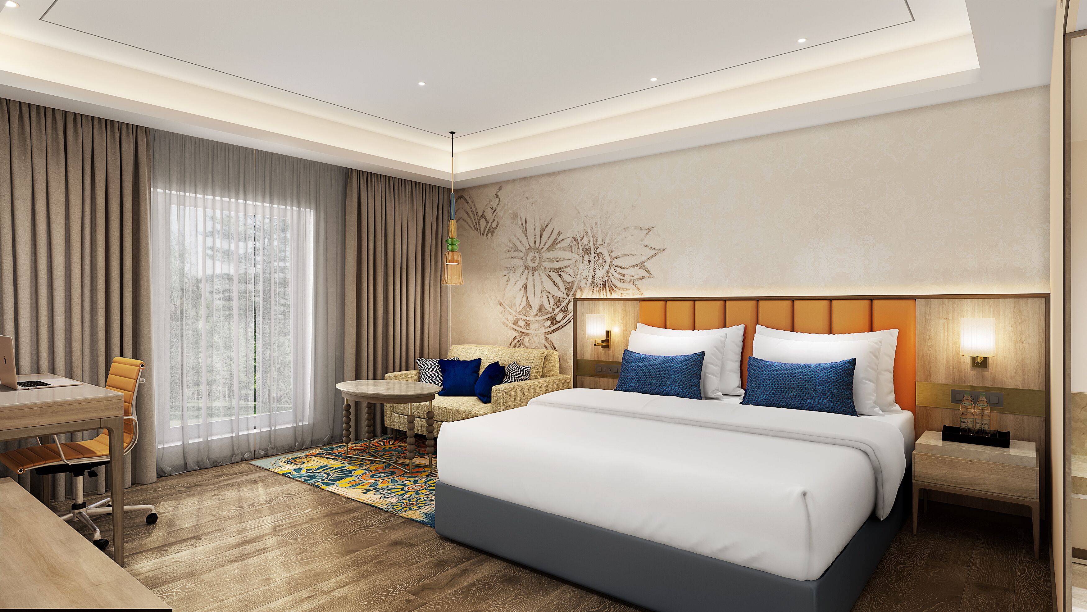 Una habitación de hotel moderna con una cama grande, un escritorio, una silla y una mesita.