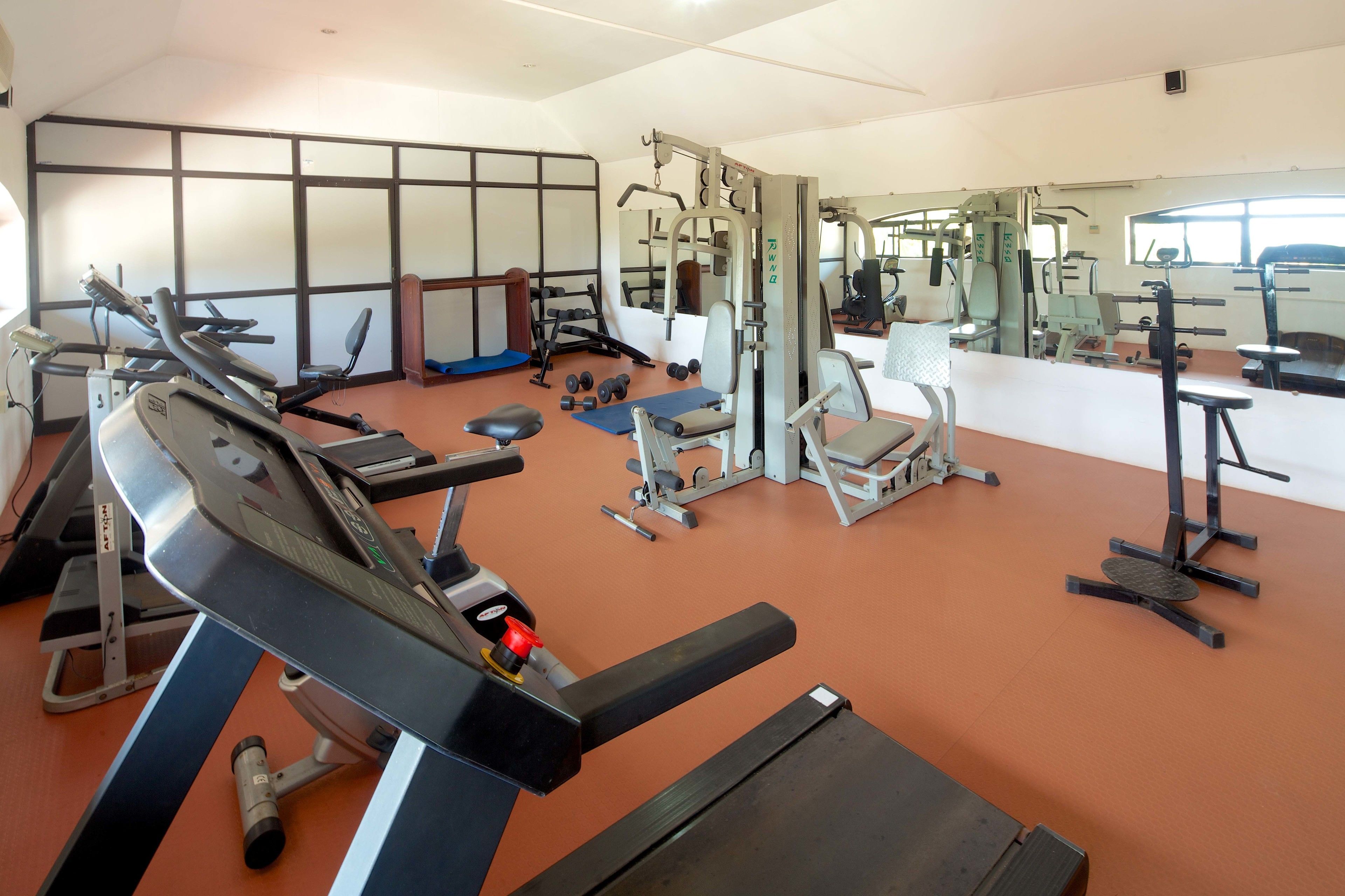 Una palestra con tapis roulant, macchinari per l'allenamento della forza e pesi liberi.
