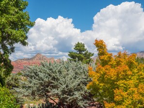 A landscape with trees, a clear sky, and mountains.