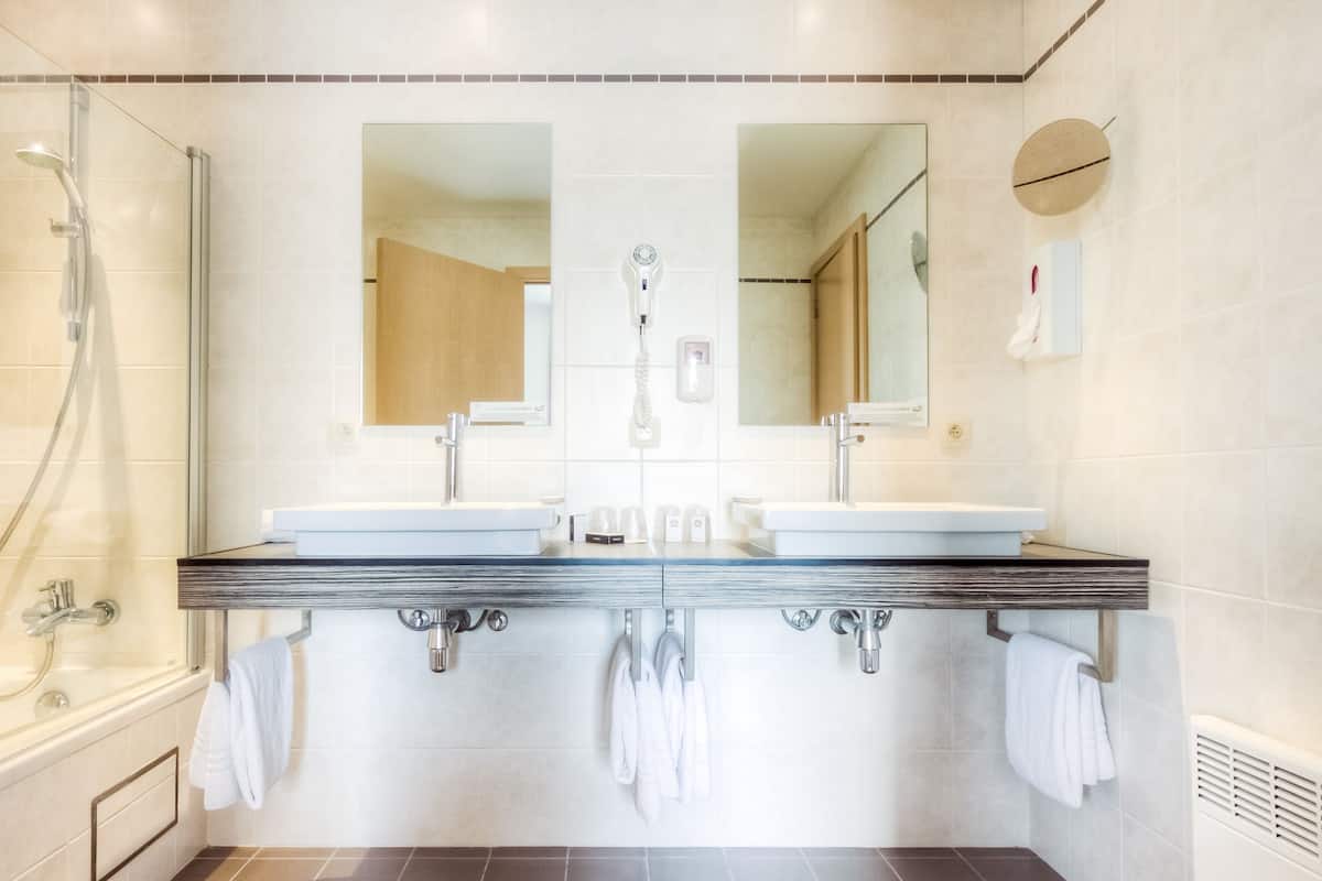 combined shower/bathtub, free toiletries, hair dryer, towels