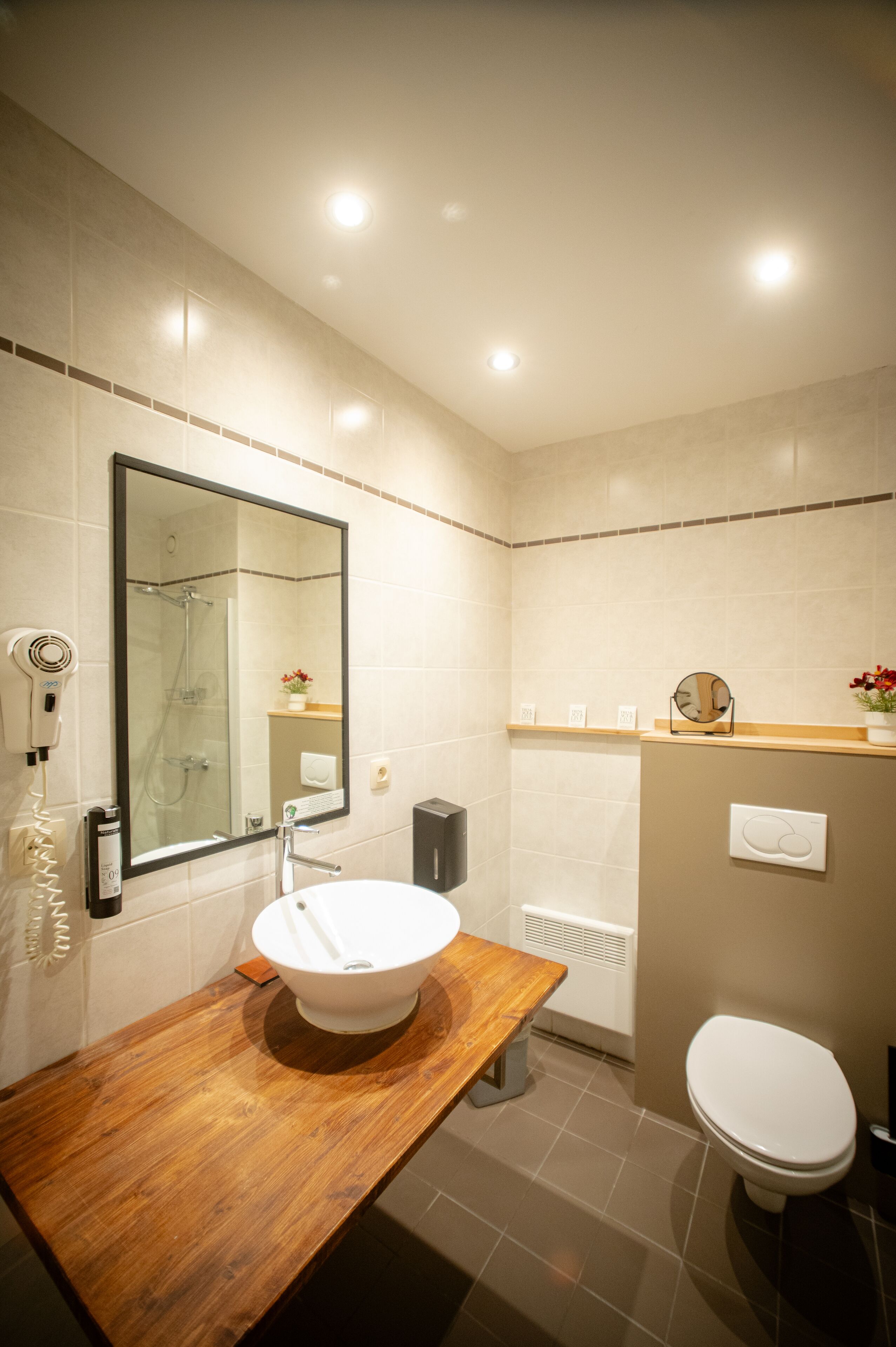 combined shower/bathtub, free toiletries, hair dryer, towels