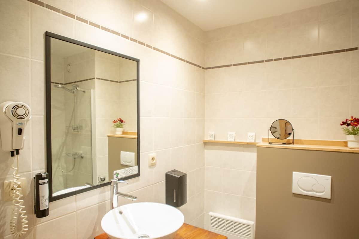 combined shower/bathtub, free toiletries, hair dryer, towels