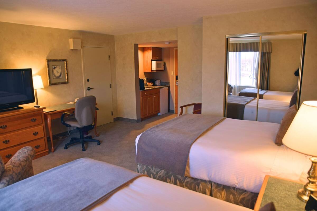 A hotel room with two beds, a desk, a chair, a television, a microwave, and a mirror.