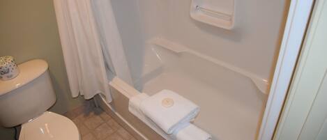 A bathroom with a toilet, a bathtub, and a shower curtain.