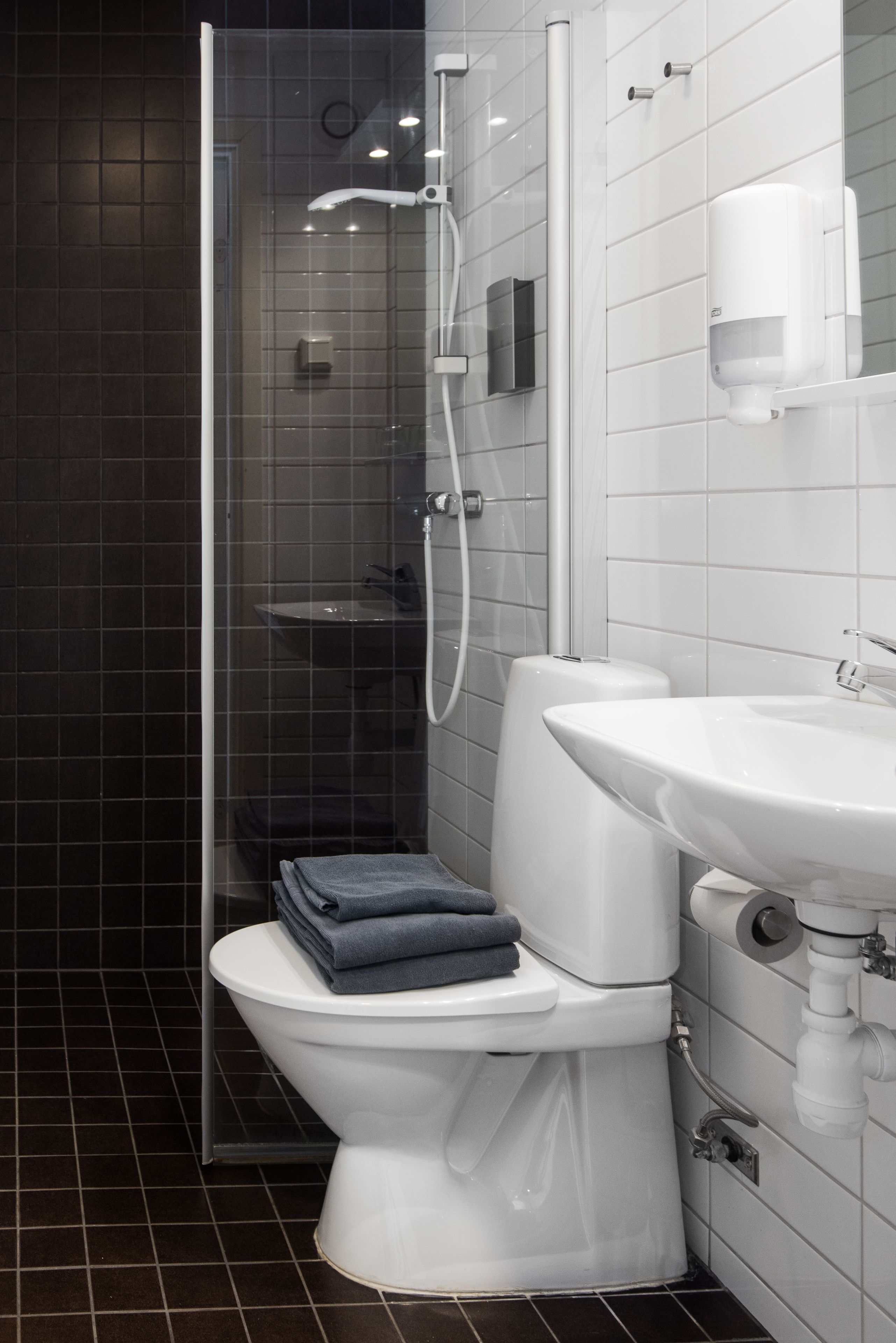 Une salle de bain moderne avec une douche à parois de verre, des toilettes blanches et un lavabo.