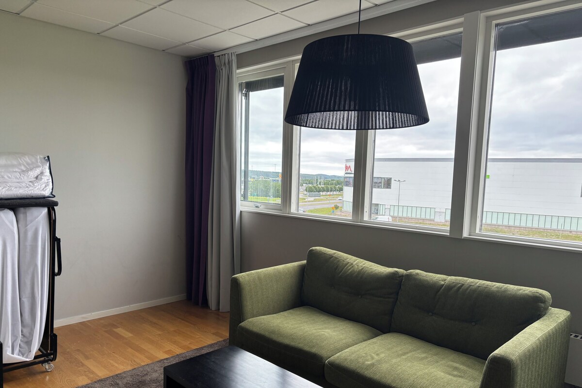 A room with a green sofa, a black table, a window with a view of a building and a body of water, and a ceiling with a grid pattern.