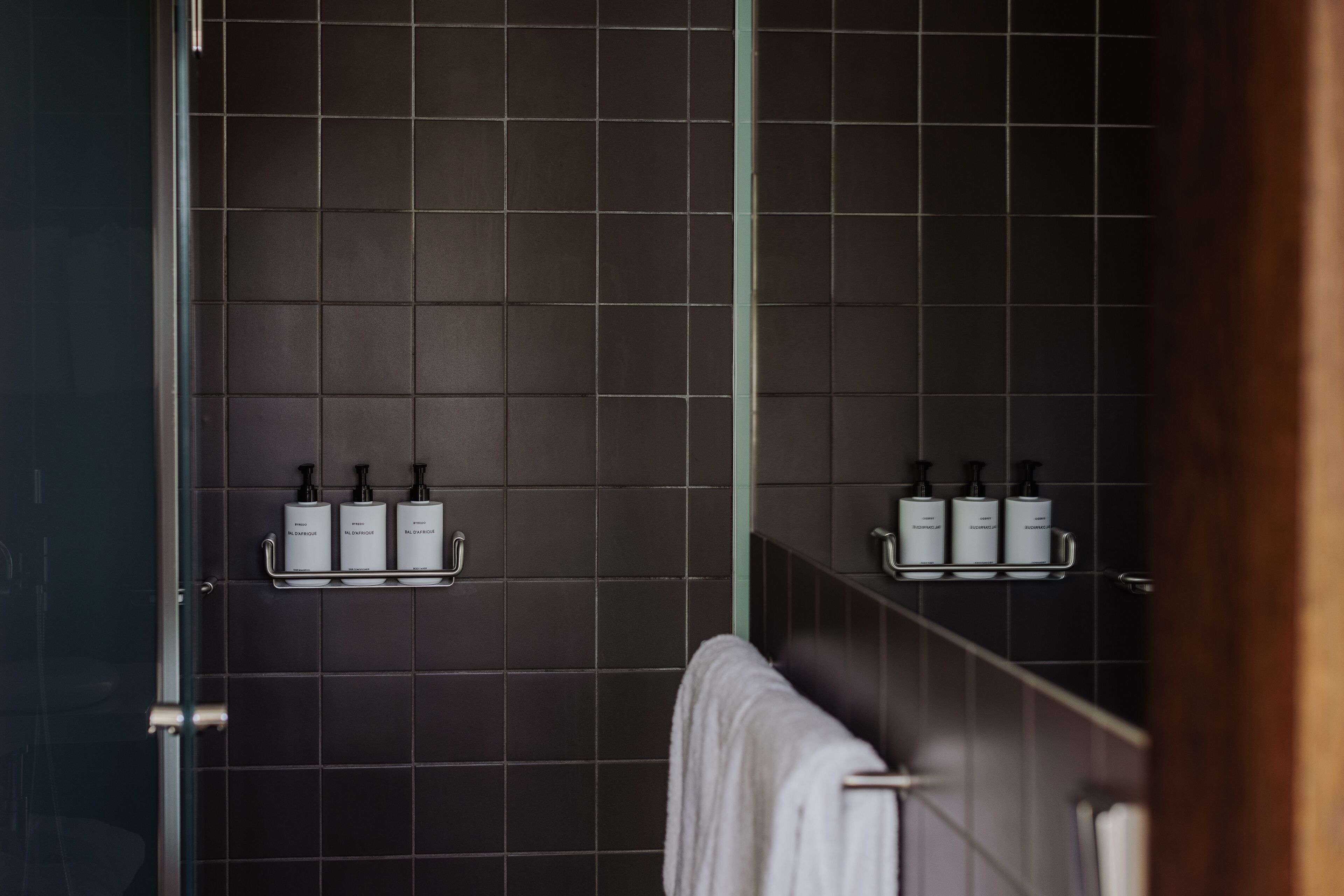 shower, rainfall showerhead, designer toiletries, hair dryer