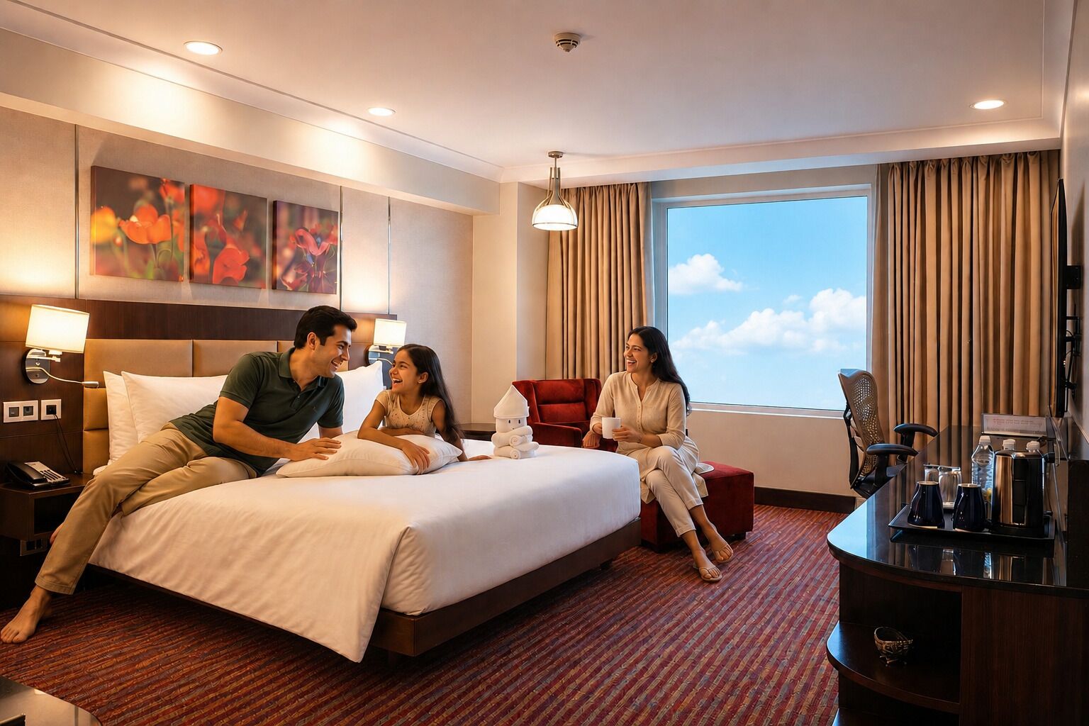 A hotel room with a bed, a desk with a coffee maker, a chair, and a large window with curtains.