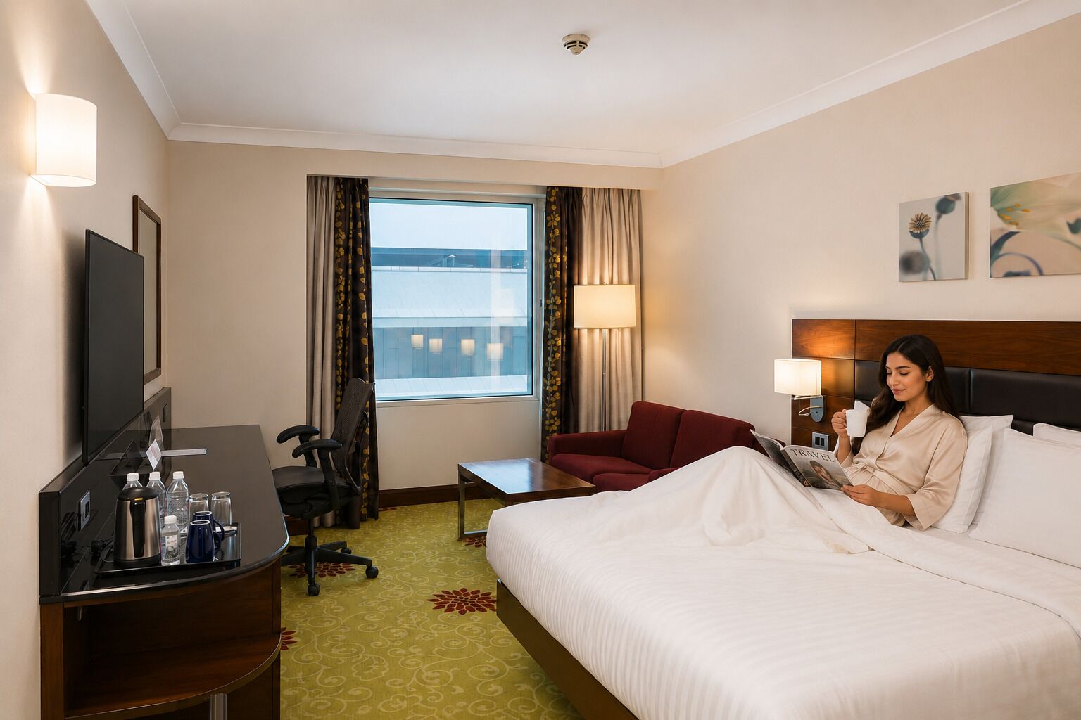 A hotel room with a bed, a desk with a chair, a TV, and a window with curtains.