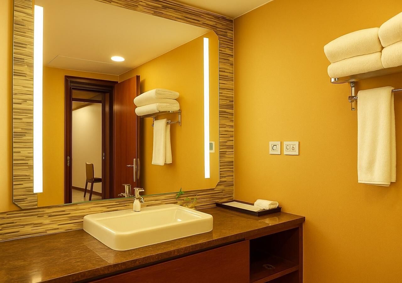 A bathroom with a large mirror, a sink, and towels on a rack.
