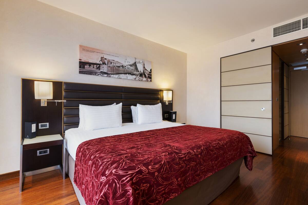 A hotel room with a large bed, a headboard with integrated lighting, a nightstand, a wardrobe, and a wall-mounted artwork depicting a train.