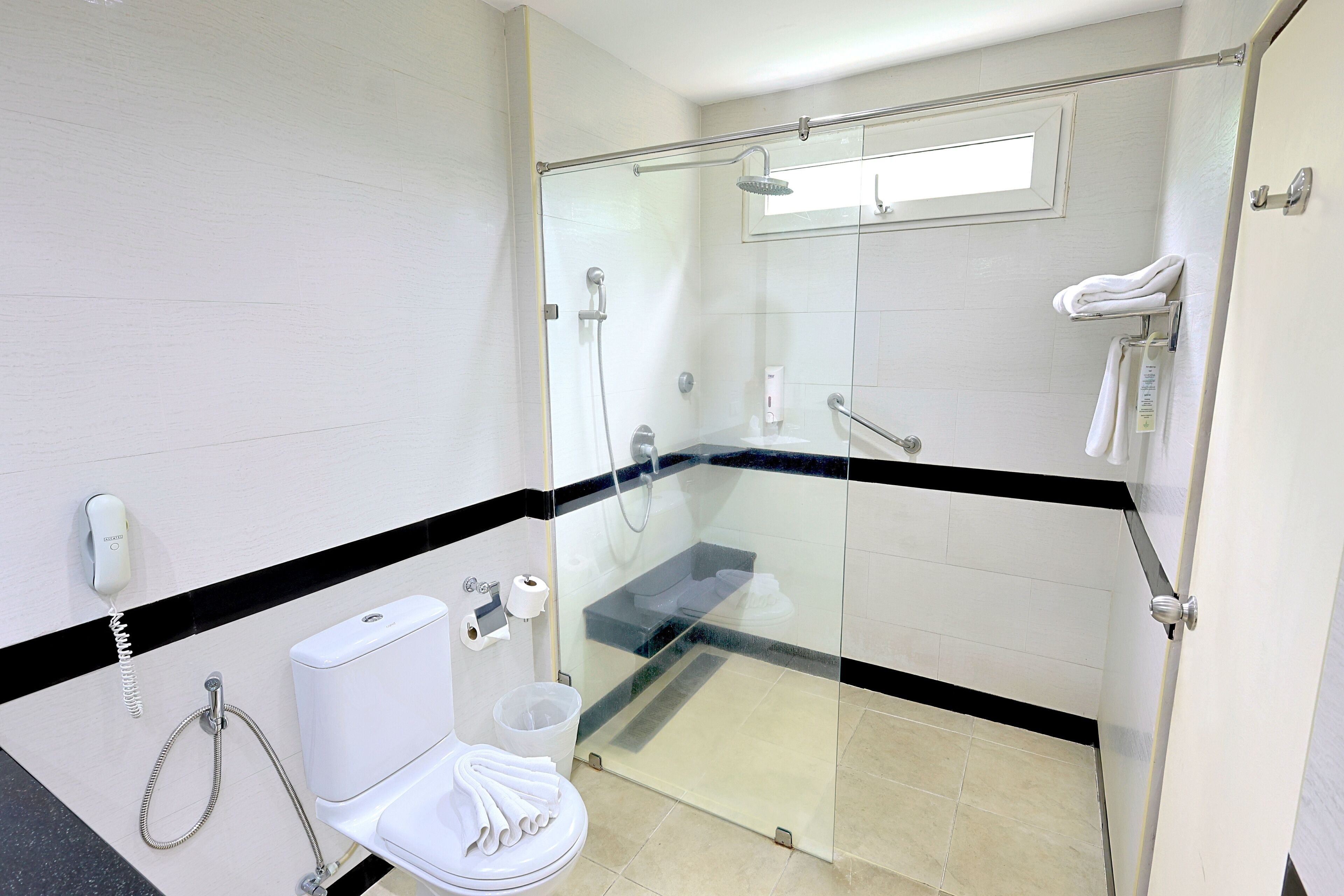 A modern bathroom with a glass-enclosed shower, a toilet, and a towel rack.