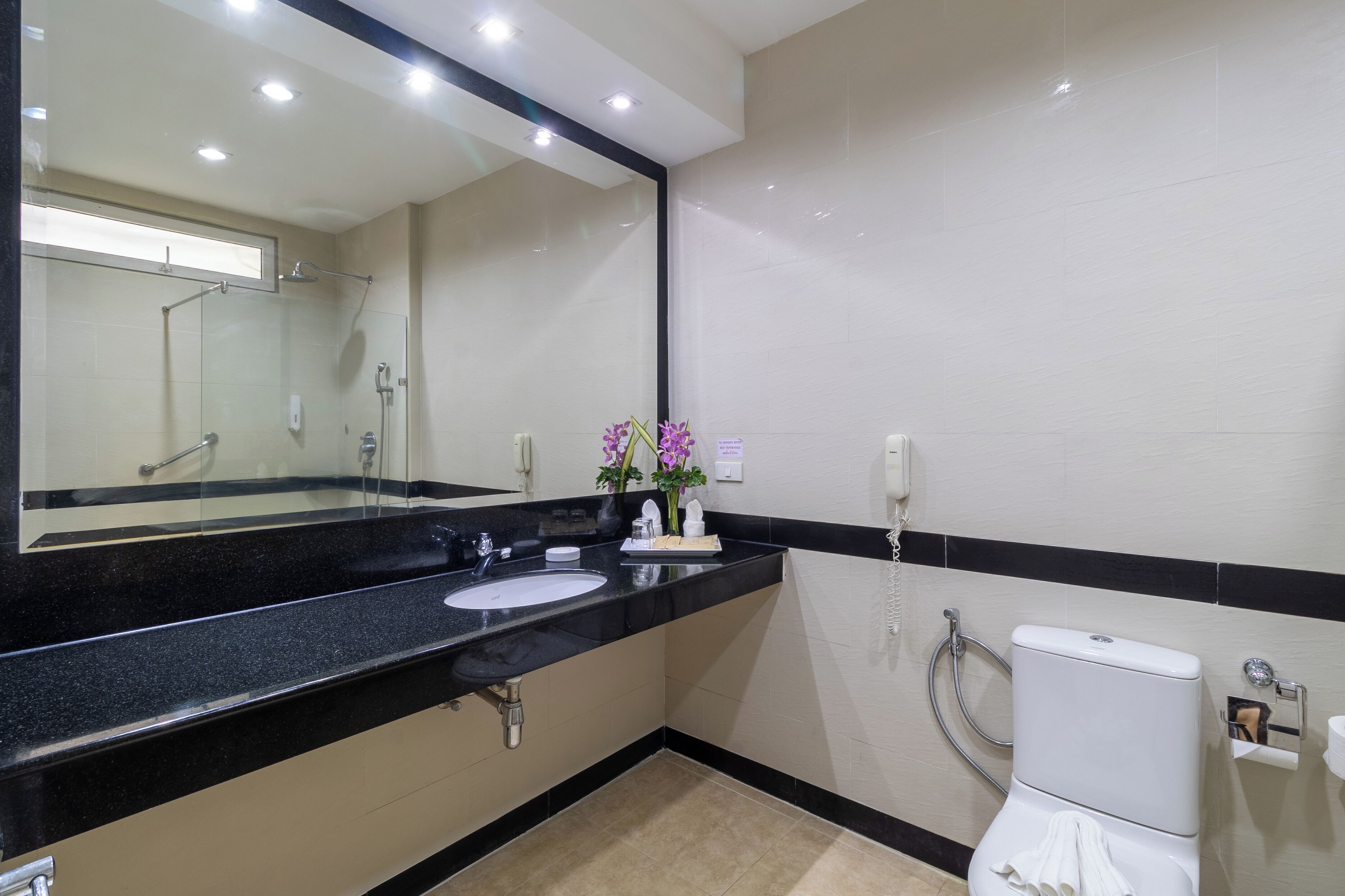 A modern bathroom with a black countertop, two sinks, a toilet, and a large mirror.