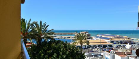 A coastal view with a clear sky, palm trees, and a marina with boats.