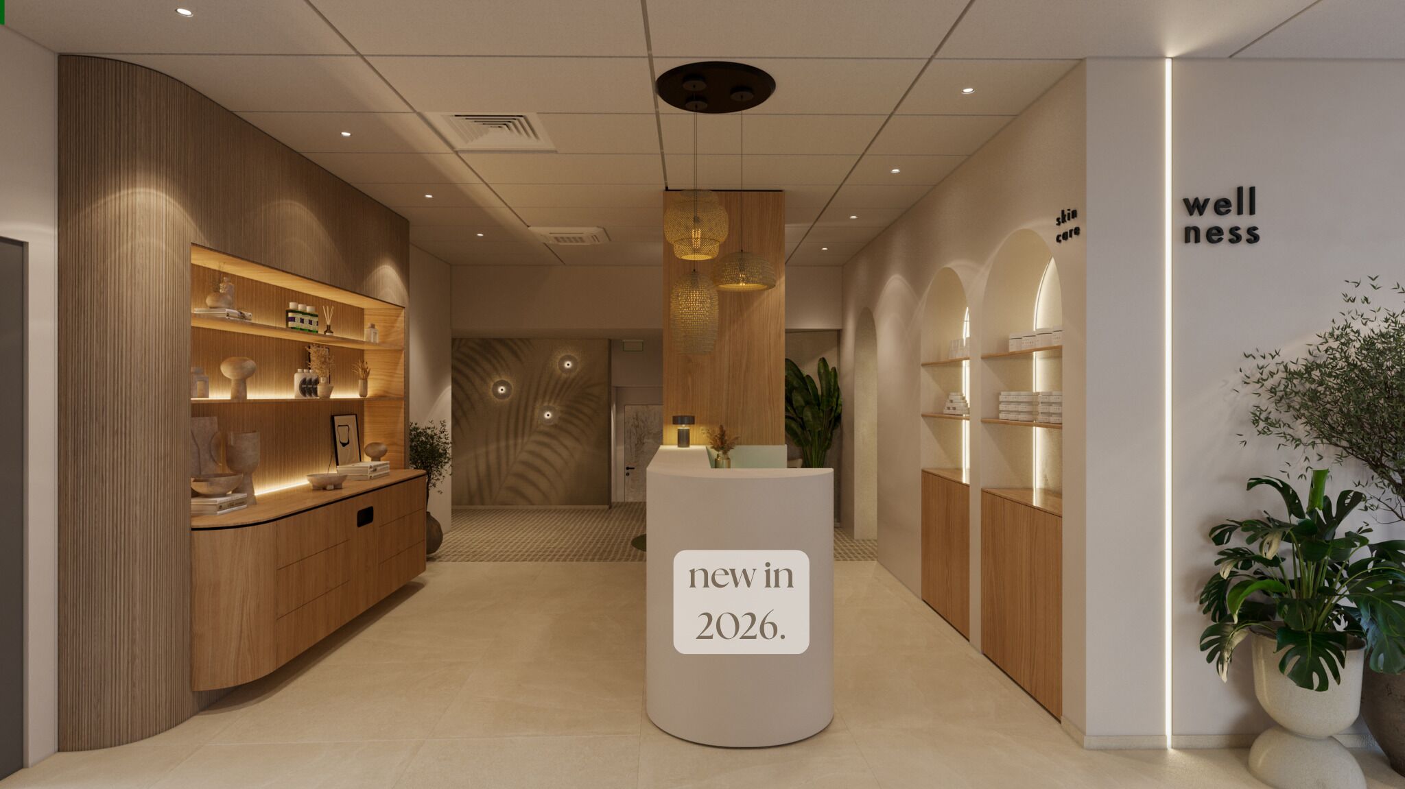 Een moderne receptiezone met houten planken, een centraal stijlpunt met de tekst 'nieuw in 2026' en een bordje waarop 'wellness' staat.