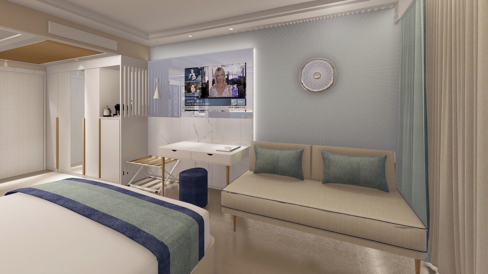 Ett modernt hotellrum med en säng, ett skrivbord och en soffa.