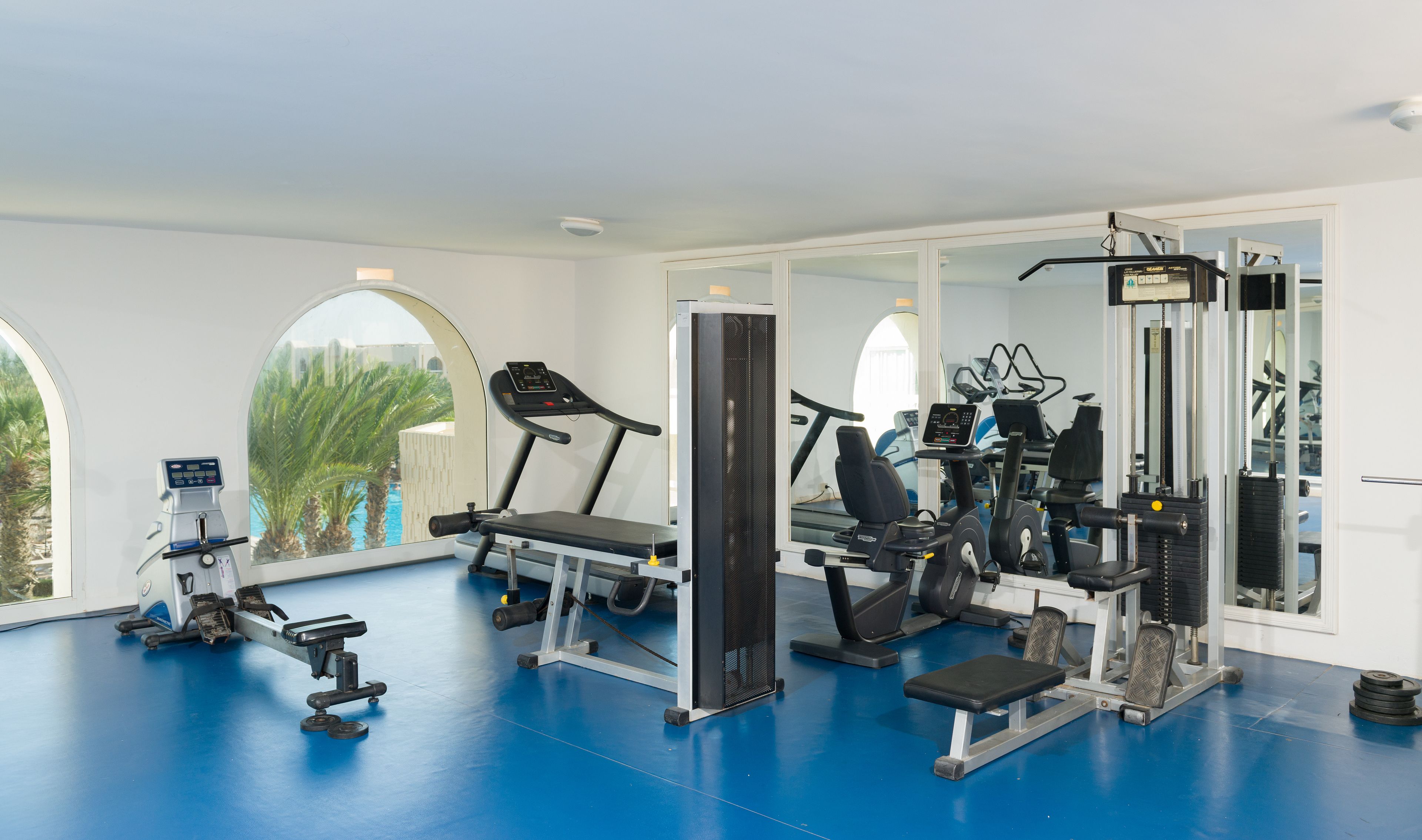 Une salle de sport équipée de matériel d’exercice, dotée de grandes fenêtres et offrant une vue sur des palmiers.