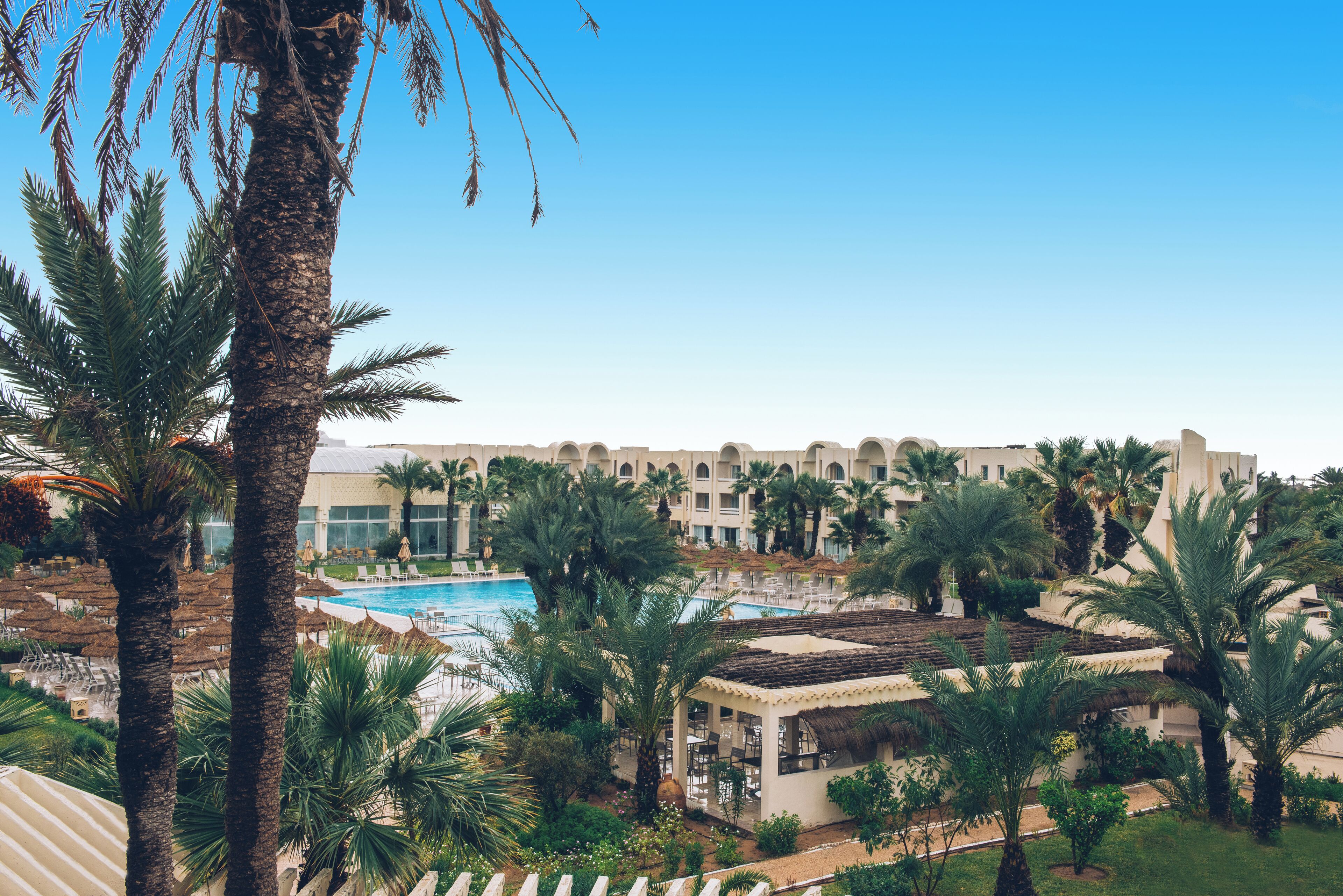 A resort with a swimming pool, palm trees, and a building with a thatched roof.