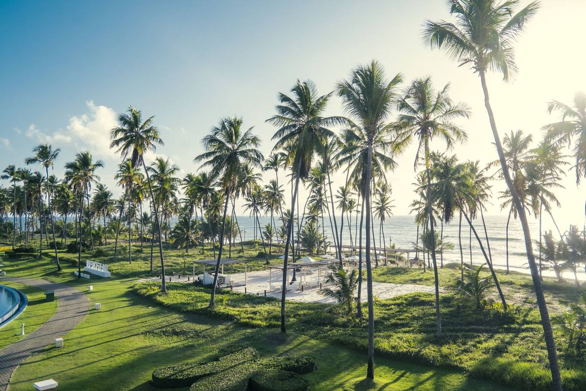 Ein tropisches Resort mit Palmen, Strand und Poolbereich.