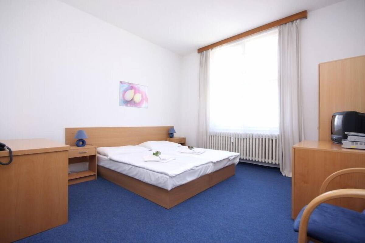 Et hotelværelse med en enkelt seng, et skrivebord, en stol, et fjernsyn og et vindue med gardiner.